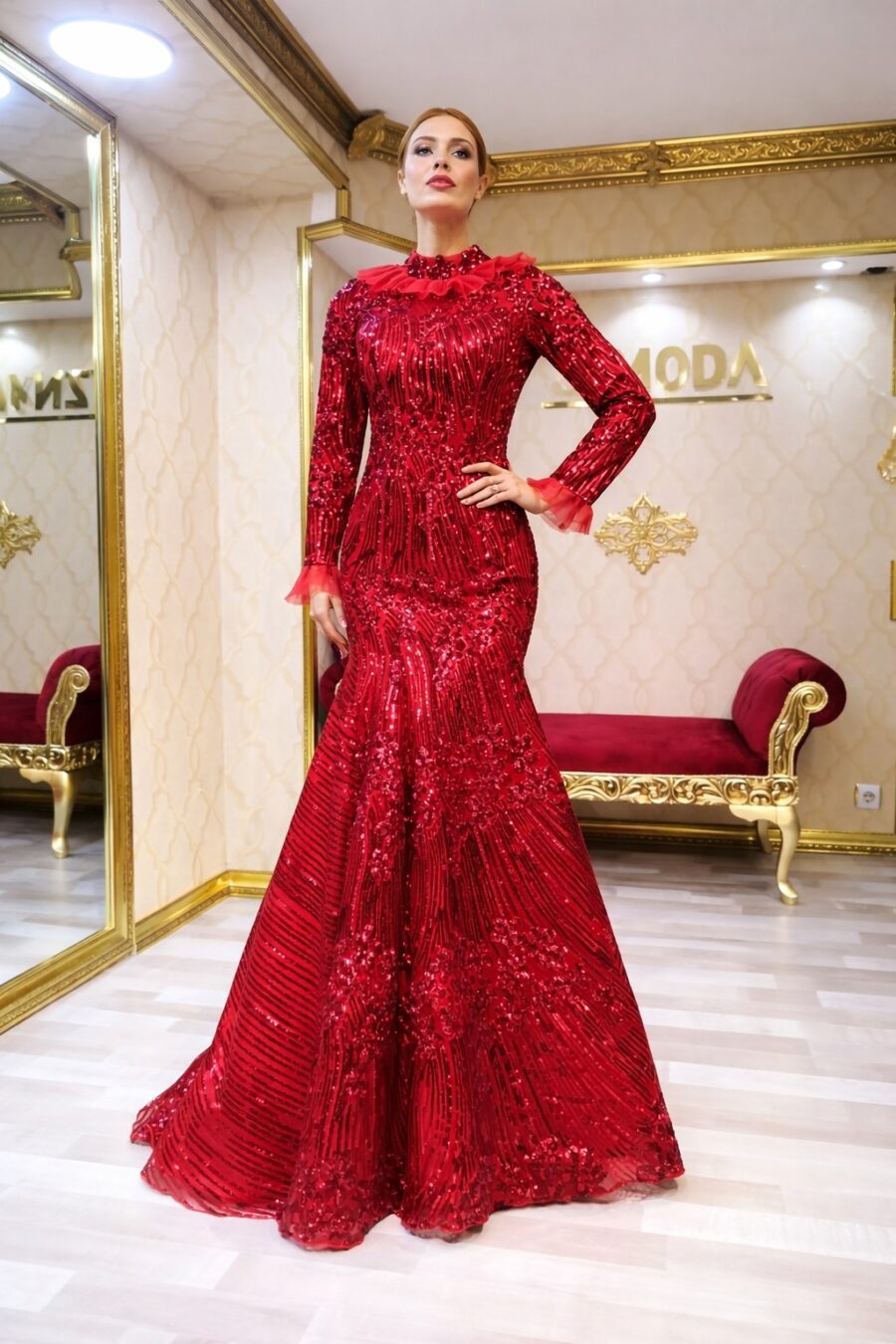 Açelya kırmızı tesettür balık payetli kına nişan abiye elbise - VznModa açelya-kırmızı-balık-nişan-kına-abiye-elbise-payetli