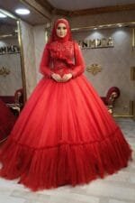 Suna kırmızı tesettür nişan kına abiye elbise a kesim - VznModa Suna-kirmizi-tesettur-nisan-kina-abiye-elbise-a-kesim