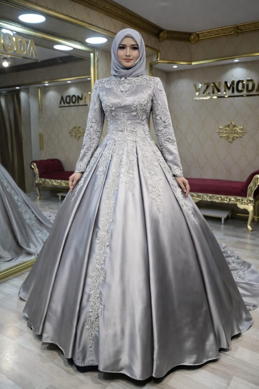 Elif gümüş saten tesettür abiye elbise a kesim kuyruklu - VznModa Elif-gumus-saten-tesettur-abiye-elbise-a-kesim-kuyruklu