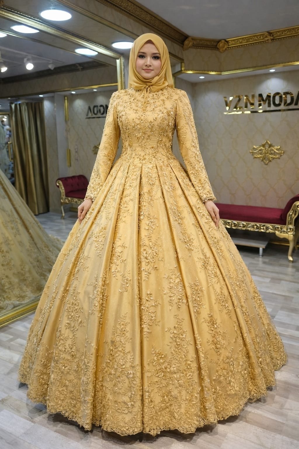 Hasibe gold dantel tesettür nişan abiye elbise a kesim - VznModa Hasibe-gold-dantel-tesettur-nisan-abiye-elbise-a-kesim