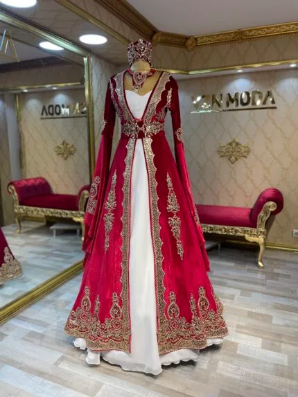 Beril Kaftan Kınalık Kırmızı Gold Dantel - VznModa kırmızı kaftan kınalık