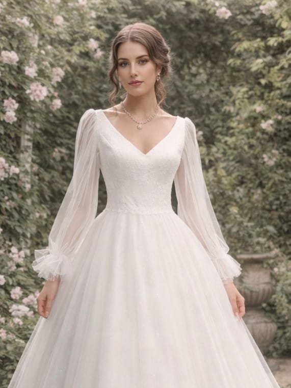 Ahu Gelinlik helen V yaka kollu hayal tüla - VznModa gelinlik-helen-v-yaka-kollu