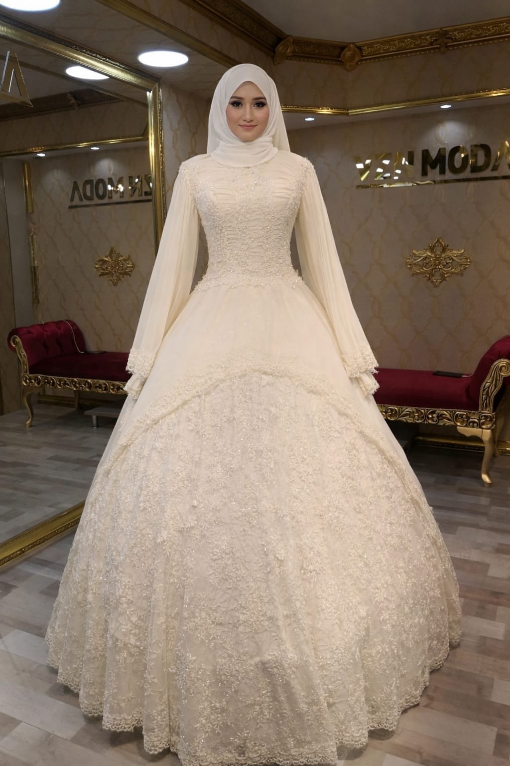 Akay Tesettür Gelinlik A kesim dantelli şifona - VznModa Akay-Tesettur-Gelinlik-A-kesim-dantelli-sifon