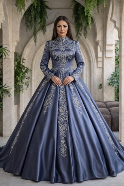 Almina indigo mavi tesettür nişan abiye elbise saten a kesim dantel - VznModa Almina-indigo-mavi-tesettur-nisan-abiye-elbise-saten-a-kesim-dantel