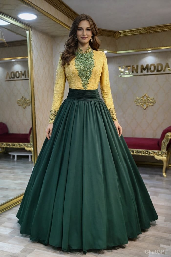 Gizem nişan kına abiye elbise yeşil gold helen şifon işlemeli - VznModa Gizem-nisan-kina-abiye-elbise-yesil-gold-helen-sifon-islemeli
