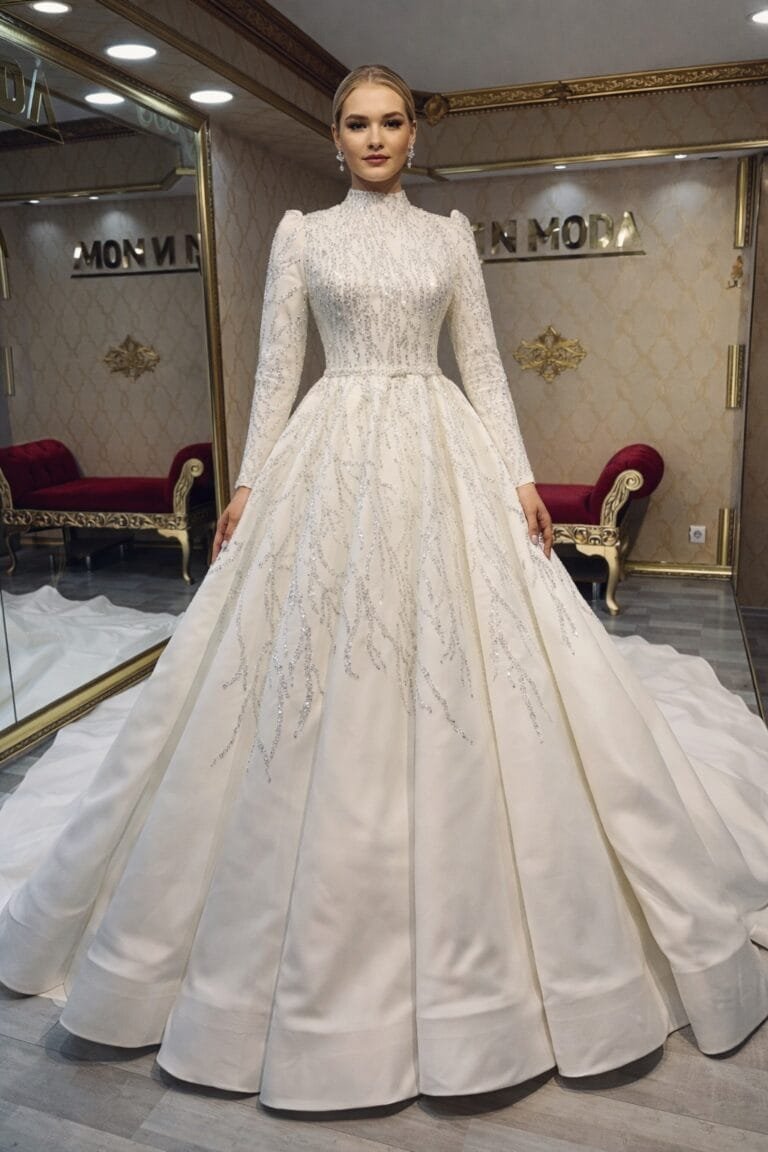 ahenk saten tesettür pileli platin işleme kuyruklu gelinlik - VznModa ahenk-saten-pileli-platin-işleme-tesettür-gelinik