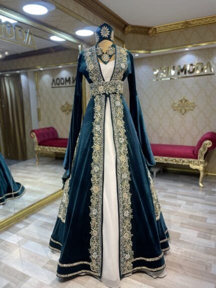 nergis-yeşil-gold-kaftan-kına-abiye-elbise-helen-işlemeli