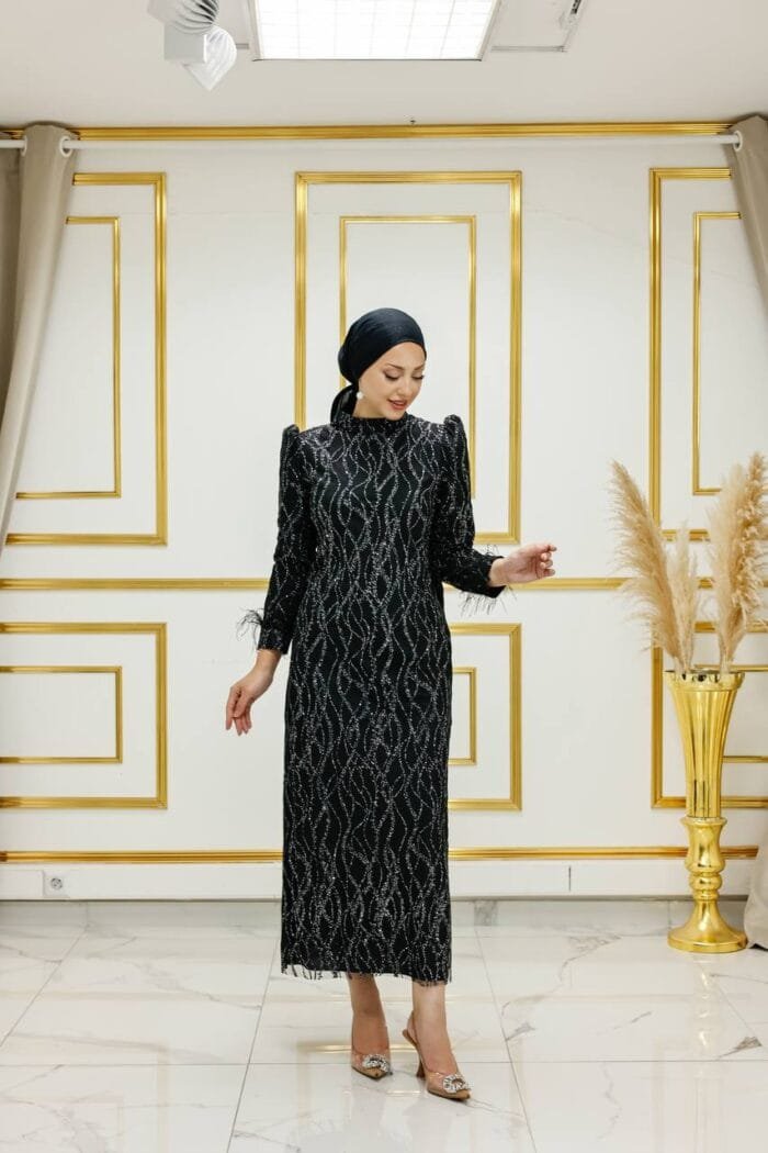 duru siyah-simli-tesettür-abiye-elbise - VznModa siyah-simli-tesettür-abiye-elbise