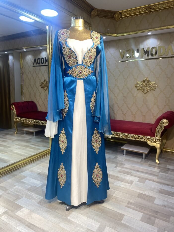 Bindallı kaftan kınalık petrol mavi - VznModa aleda-mavi-beyaz-kaftan-kına-abiye-elbise-bindallı