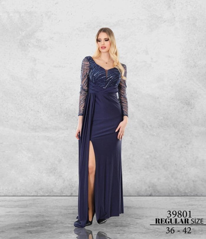 selin lacivert abiye elbise - VznModa selin-lacivert-uzun-kol-abiye-elbise
