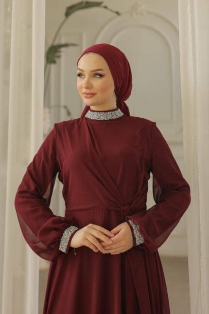şeyda-bordo-şifon-tesettür-abiye-elbise