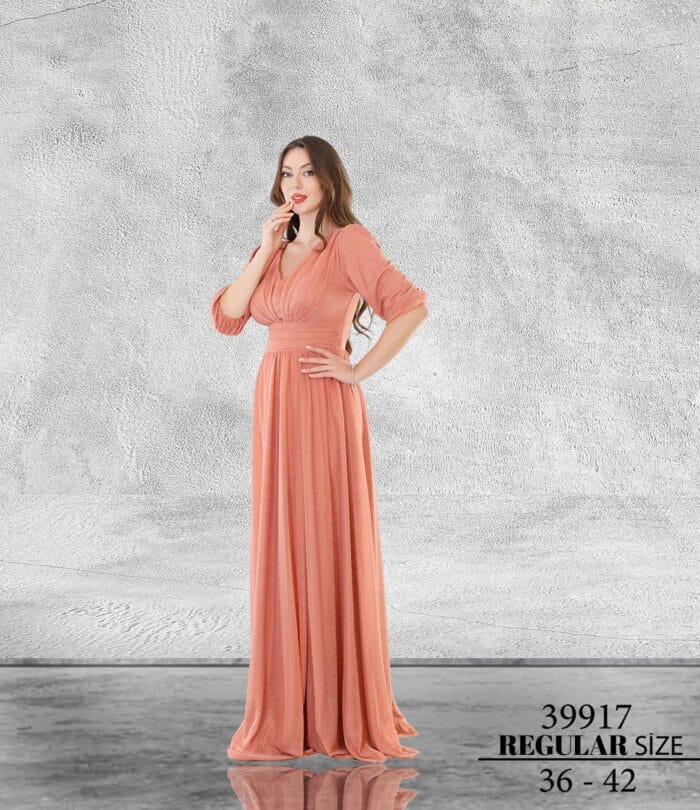Kayra somon renk abiye elbise - VznModa abiye-elbise-somon-renk-kısa-kol-kayra-simli