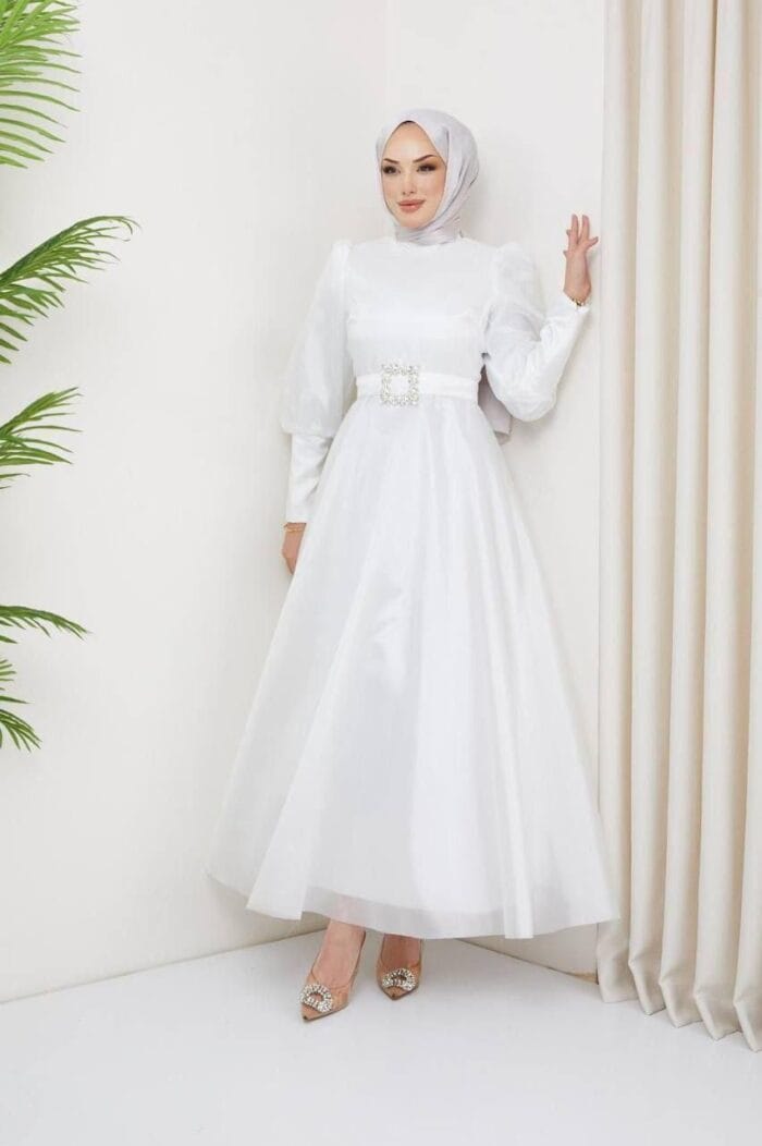 Sidre tesettür beyaz abiye elbise - VznModa sidre-beyaz-tesettür-nikah-söz-abiye-elbise