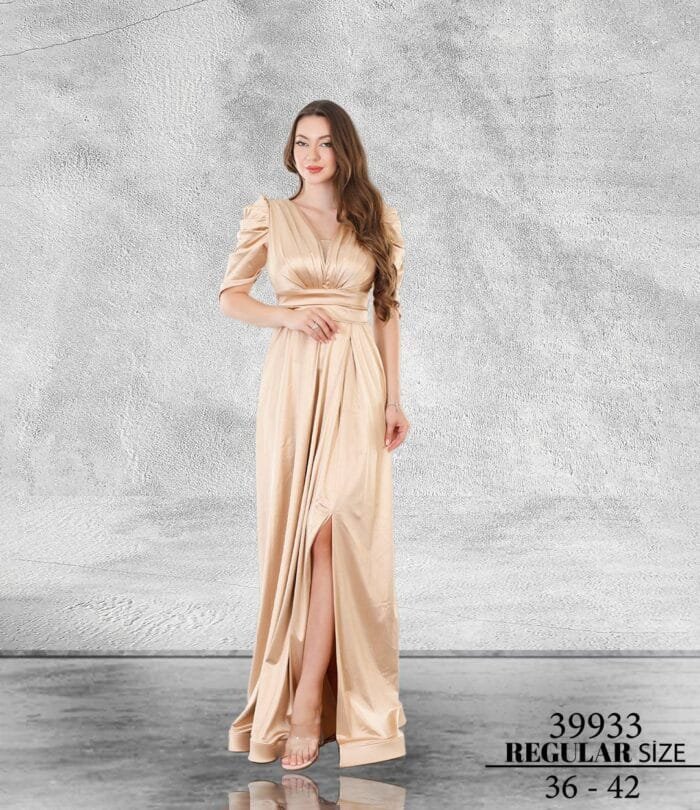 Selis gold saten abiye elbise - VznModa selis-gold-saten-kısa-kol-abiye-elbise