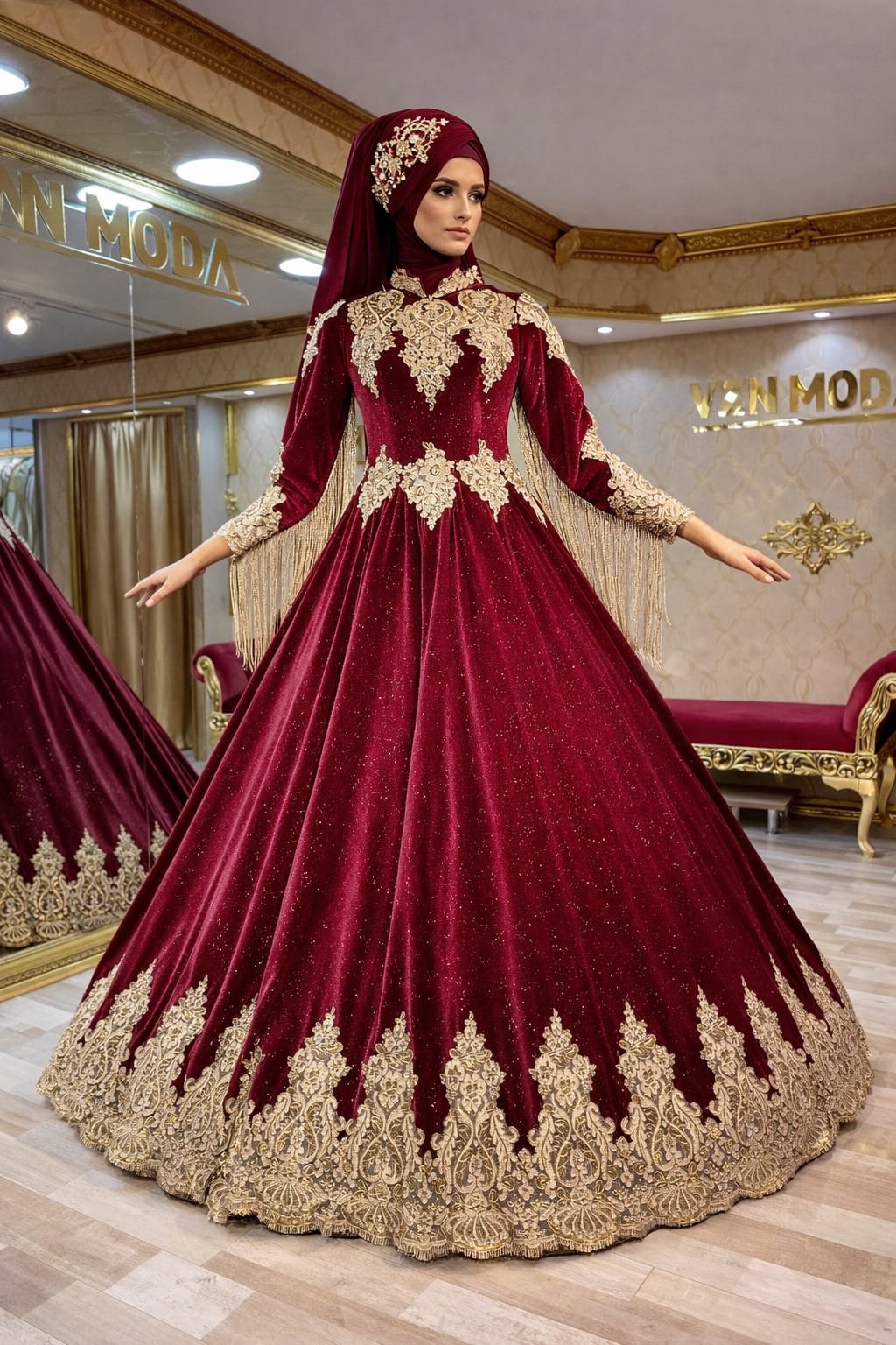 Sultan Tesettür Kınaık Bordo Kadife A kesim Tarlatanlı gold dantelll - VznModa Sultan-Tesettur-Kinaik-Bordo-Kadife-A-kesim-Tarlatanli-gold-dantel