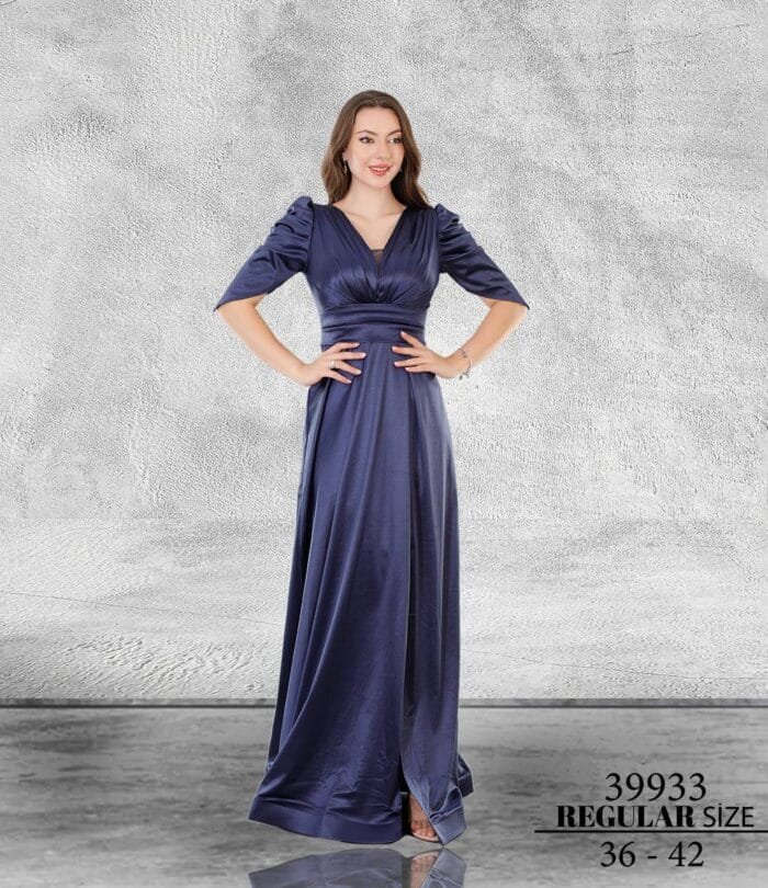 Selis lacivert saten abiye elbise - VznModa selis-saten-lacivert-kısa-kol-abiye-elbise
