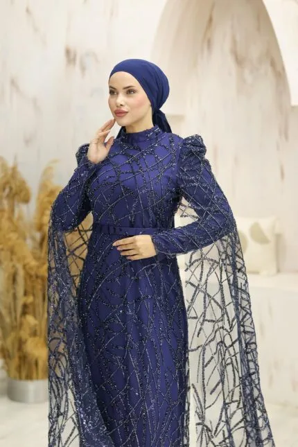 lacivert-tesettür-abiye-elbise-söz-nişan-kına-düğün