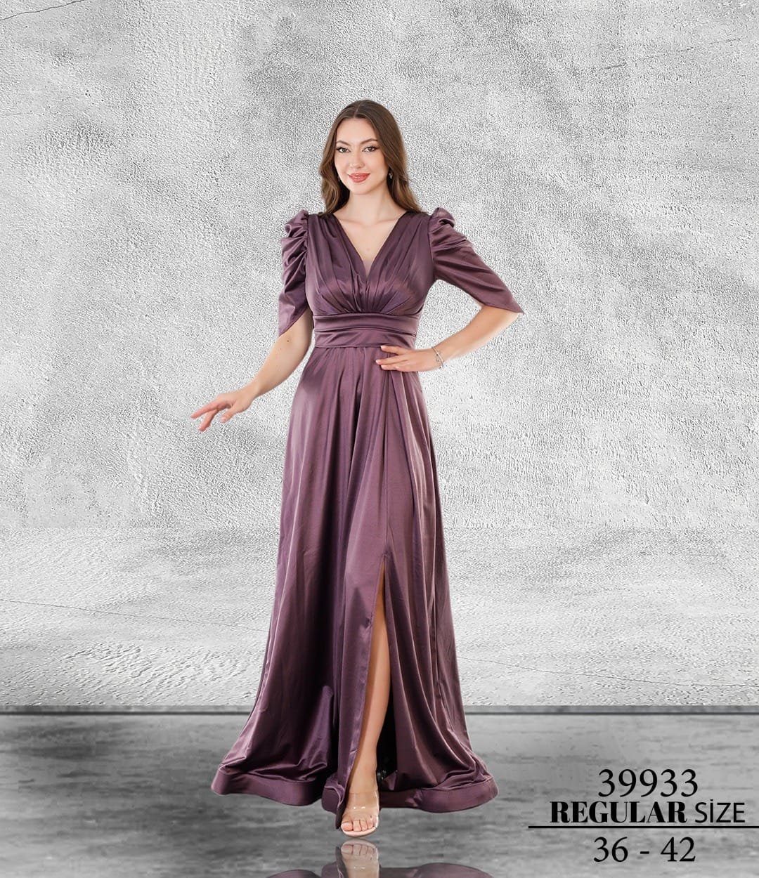 selis mürdüm saten abiye elbise - VznModa selis-mürdüm-saten-kısa-kol-abiye-elbise