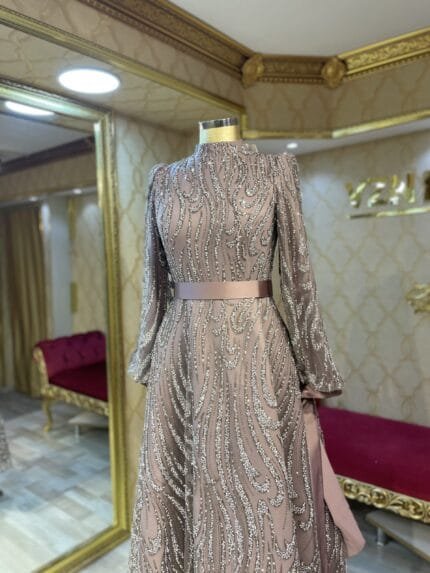 hande-model-tesettür-vizon-taşlı-kabarık-abiye-elbise