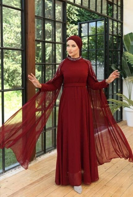 lina-bordo-tesettür-şifon-taşlı-pelerinli-abiye-elbise