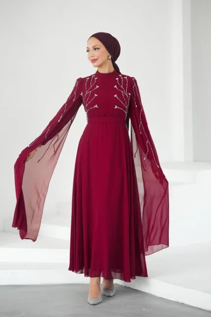 canan-bordo-taşlı-tesettür-abiye-elbise