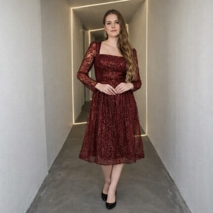 Seda-bordo-midi-kollu-abiye-elbise