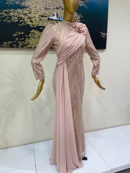 Alyad Model Pudra Dantel Şifon Detaylı Tesettür Abiye Elbise - VznModa Alya-Model-Pudra-Dantel-Sifon-Detayli-Tesettur-Abiye-Elbise