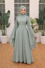 Lina-mint-yesili-sifon-tesettur-pelerinli-abiye-elbise