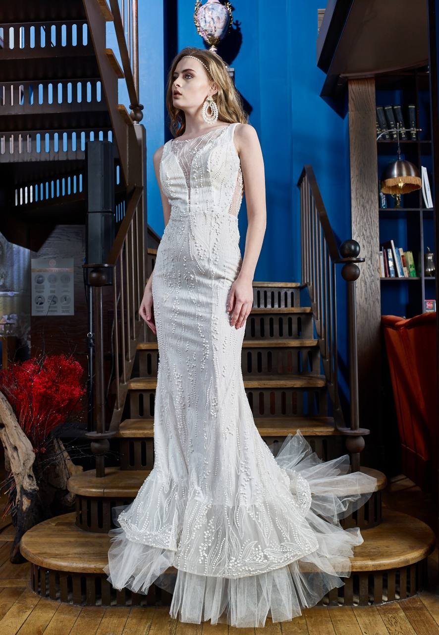 Eliz Abiye Elbise Beyaz renk Balık kesim - VznModa Abiye-Elbise-Beyaz-nikah-düğün-nişan-balık