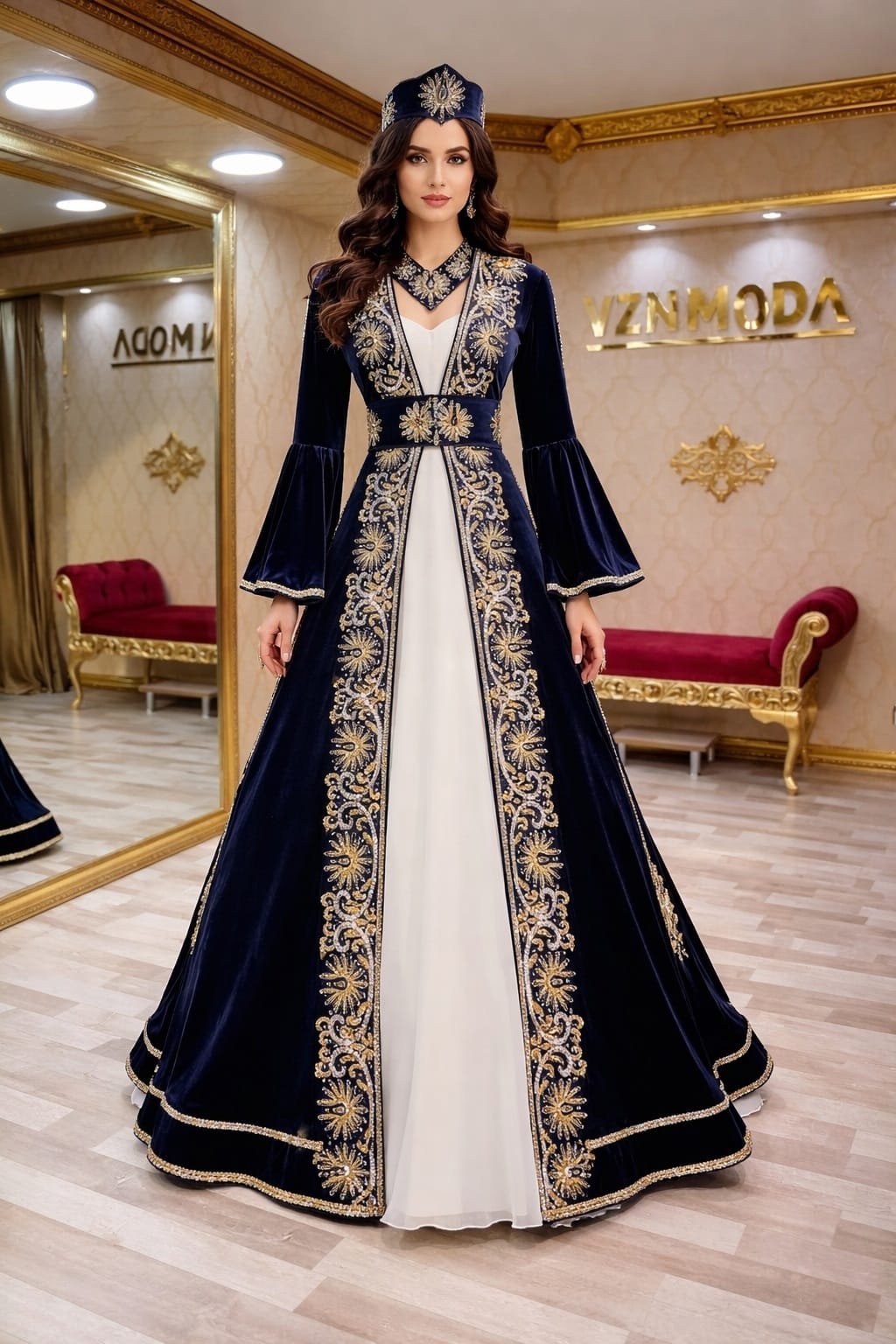 Şahmaran Kaftan Kınalık Lacivert Gold İşleme Helene - VznModa Sahmaran-Kaftan-Kinalik-Lacivert-Gold-Isleme-Helen